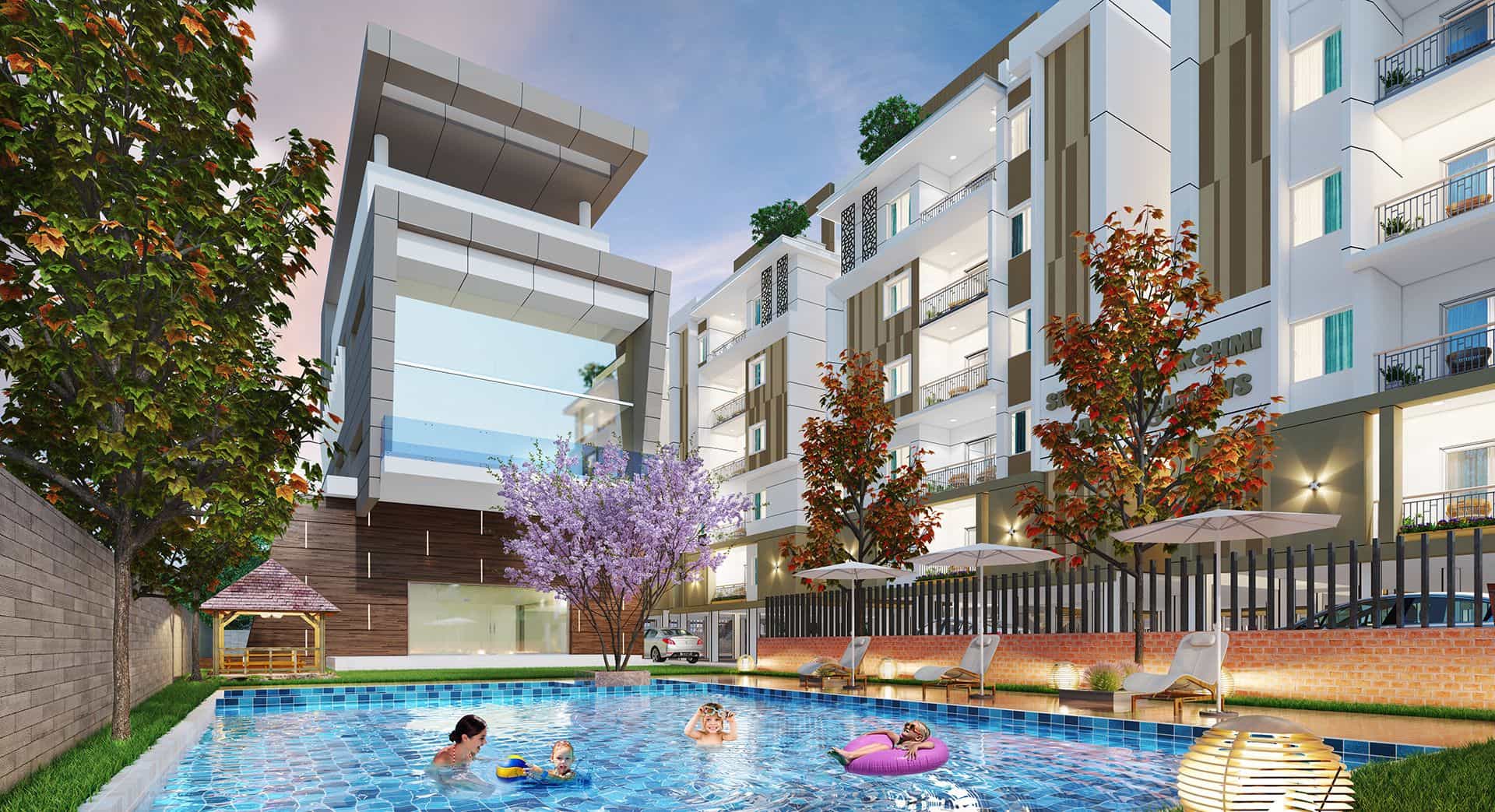 3D Exterior Rendering of Building with Swimming pool