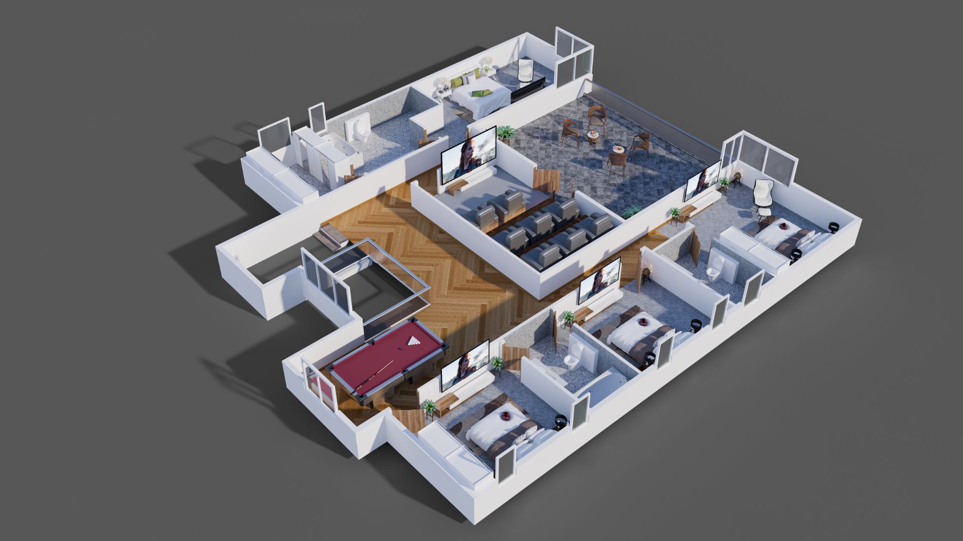 3D Floor Plan Rendering of 4BHK Building second Floor