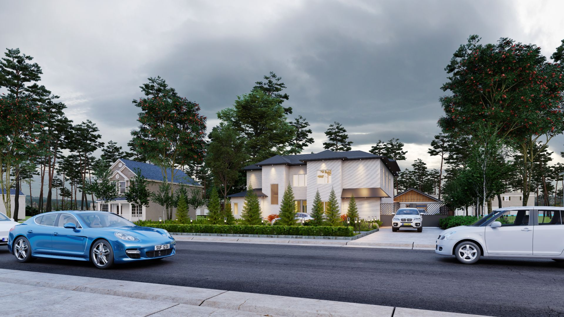 3d exterior rendering house with cars