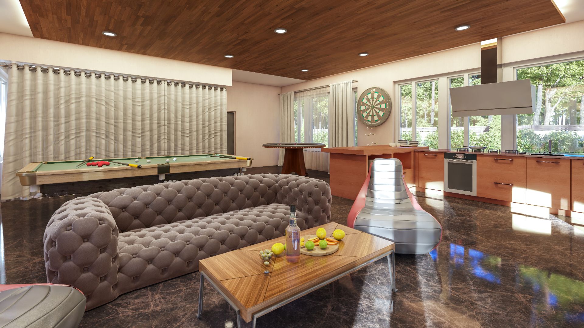 interior design rendering of hall with pool game with table