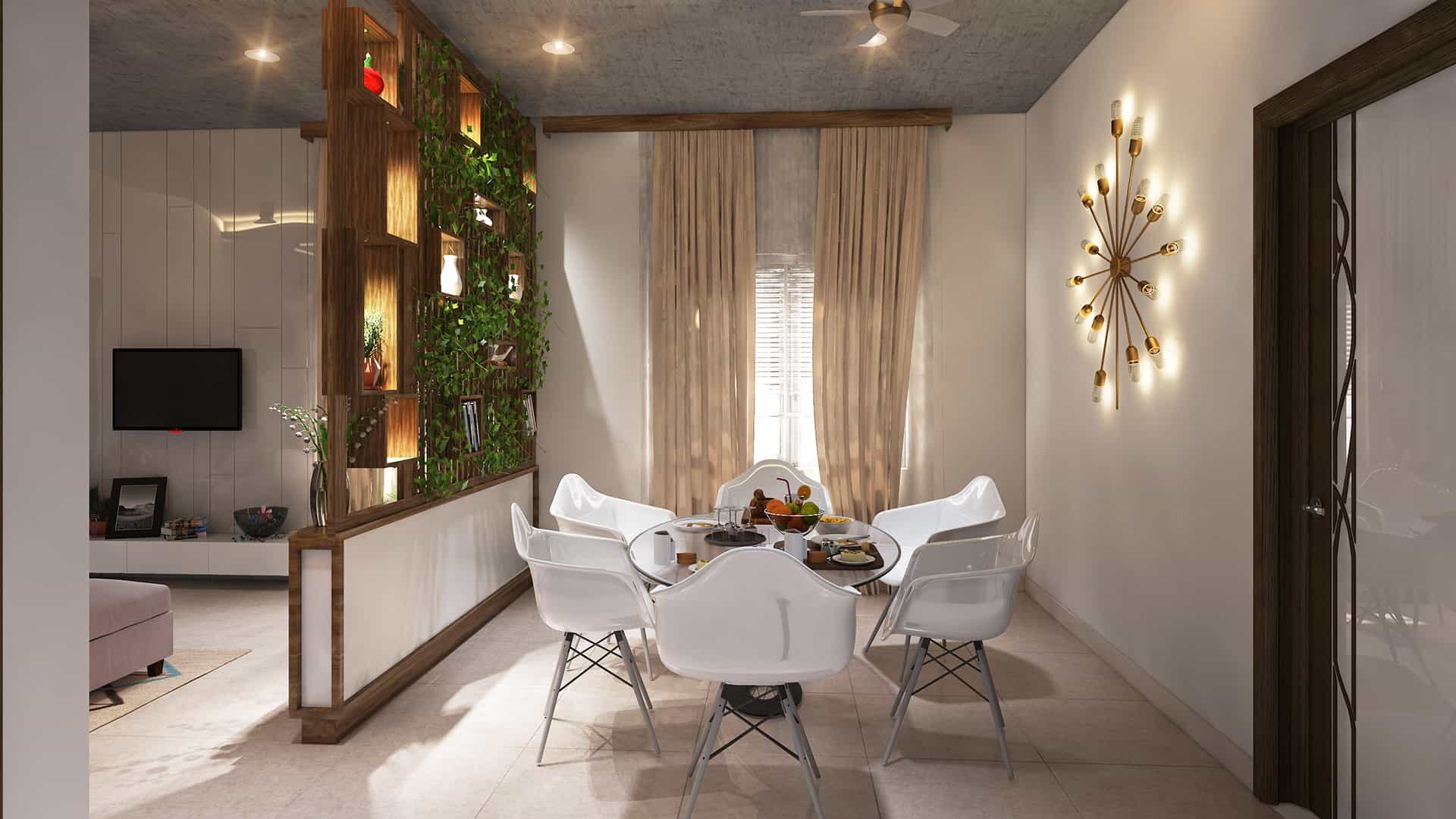 interior design rendering of dinning room with chairs & Lights