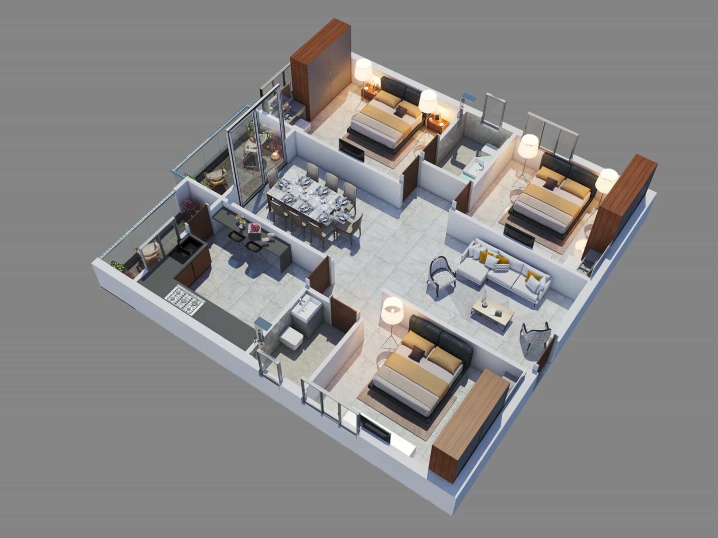 3D Floor & House Plan Renderings & Visualizations of 3BHK Flat